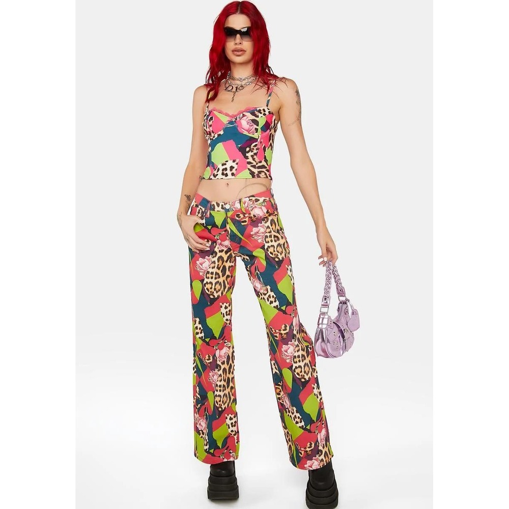 THE KRIPT Nerida Jeans Pink Leopard Floral Patchwork Baggy Low Rise Denim‎ S 28